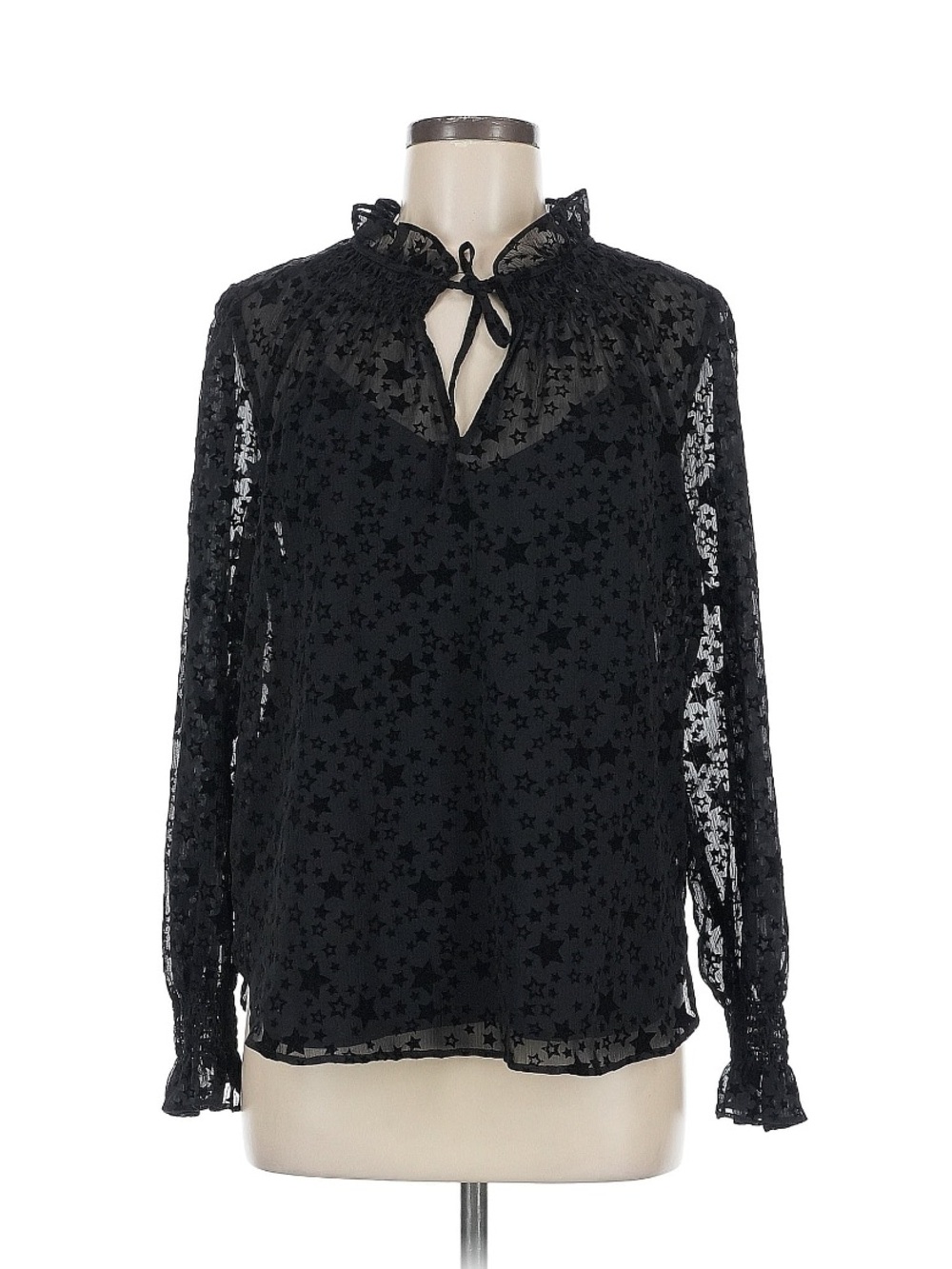 LOFT Black Star-Print Sheer Ruffle Tie-Neck Blouse - Picture 1 of 7